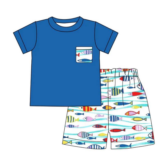 (Custom Design MOQ 5) Boys blue top fishing shorts summer outfits