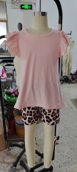 Girls pink cotton top leopard print shorts summer outfits  GSSO0246