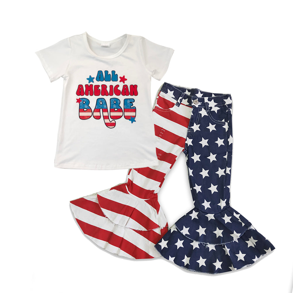 GSPO0646 All American Babe top star and stripes denim bell bottom jeans 4th of July girls clothes set