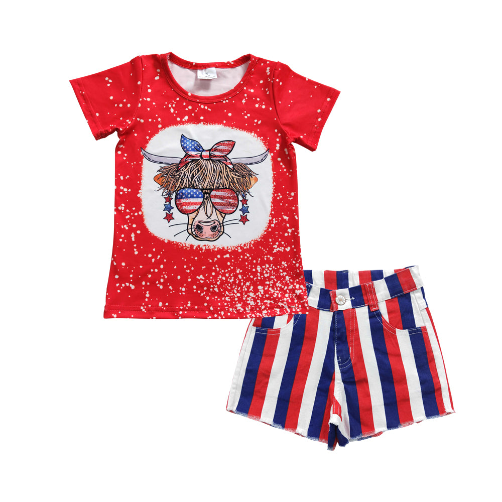 Red highland cow top stripes denim shorts 4th of July girls clothes set