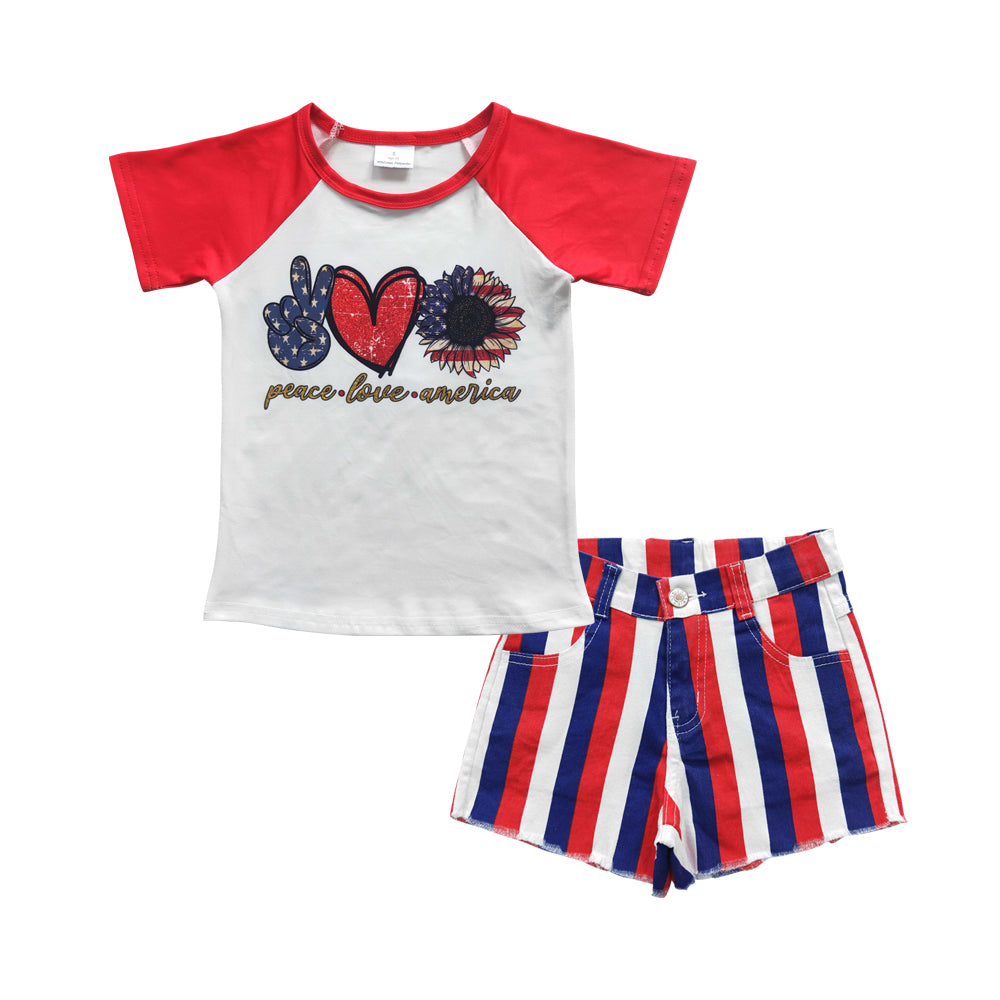 Peace love America top stripes denim shorts 4th of July girls clothes set