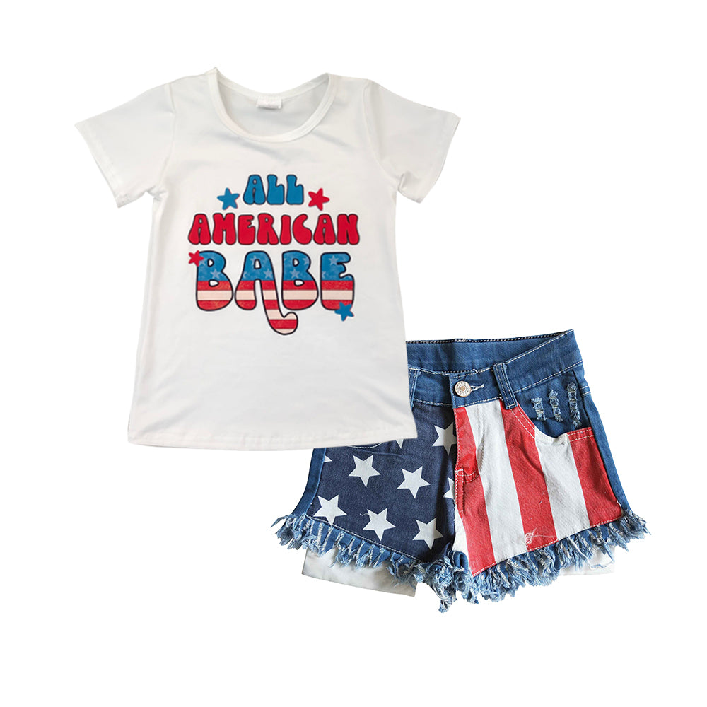 GSSO0331 All American Babe top star and stripes denim shorts 4th of July girls clothes set