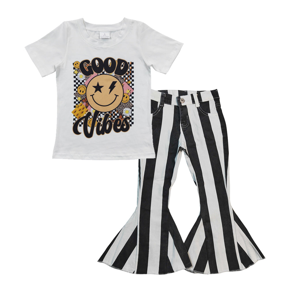 GSPO0653 Good V smile print top black stripes denim ruffle jeans girls clothes set