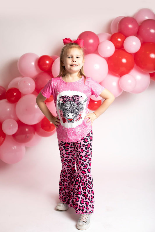 Girls highland cow print pink leopard bell pants Valentine's Day outfit  GSPO0334