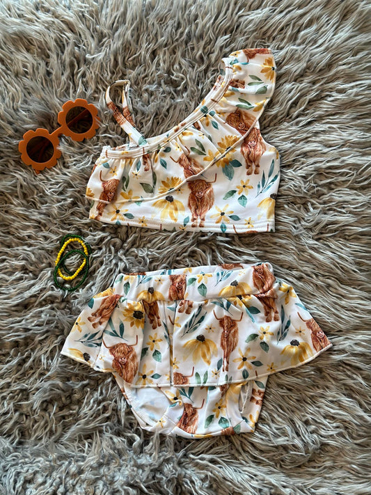 Girls flowers highland cow print 2 pieces swimsuit S0025