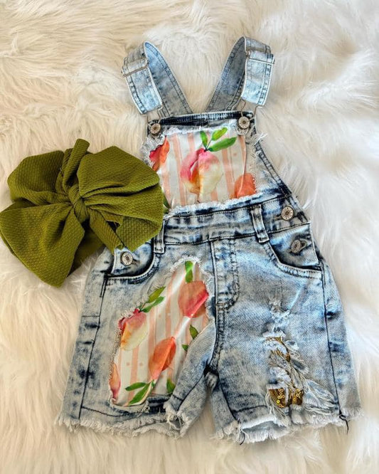 Baby girls peach print suspender denim overall shorts jumpsuit SS0022