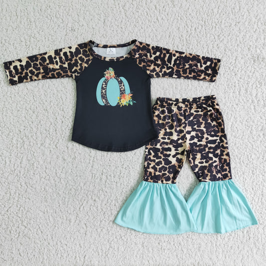 (Promotion) 6 A13-15 Turquoise Leopard Pumpkin Bell Pants Girls Fall Clothes Set