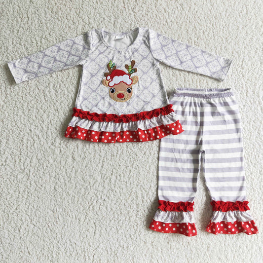 Girls long sleeve Christmas RUDOLPH embroidery outfits       6 A13-27