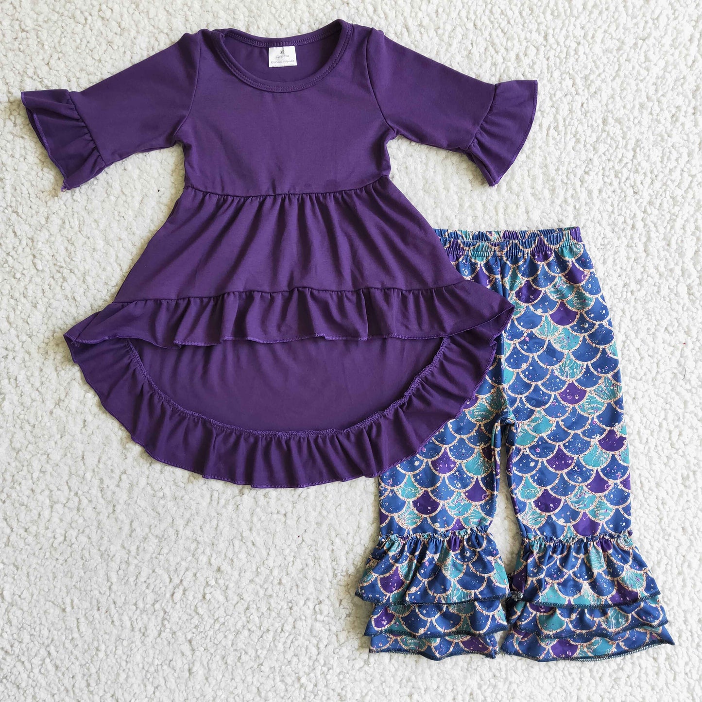 Short sleeve purple cotton top fish scale print ruffles pants outfits 6 A15-12