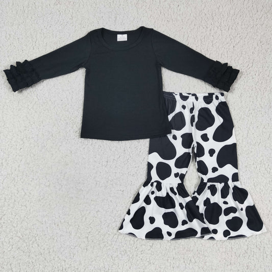 Girls black top cow print bell bottom pants outfits    GLP0409