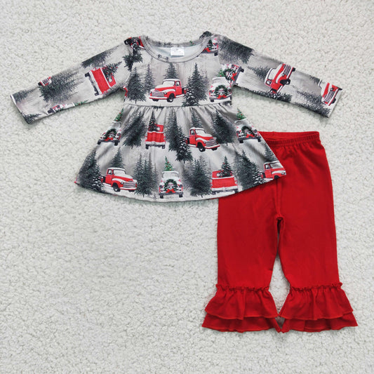 (Promotion)6 A19-11 Christmas Tree Truck Print Girls Outfits