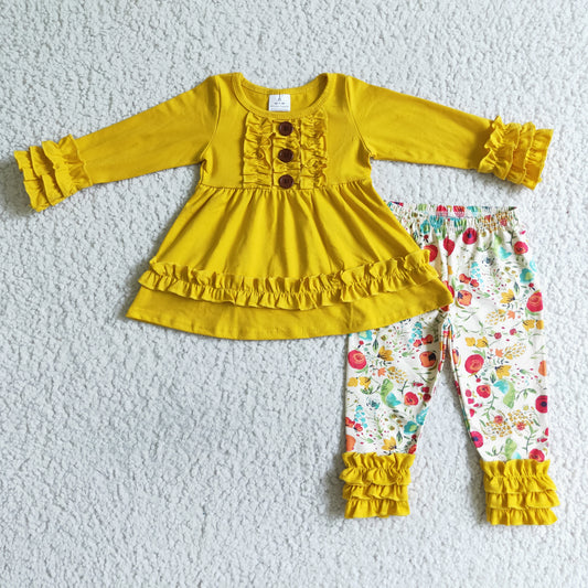 (Promotion)6 A24-1 Yellow Ruffles Tunic Top Flowers Legging Pants Girls Fall Clothes Sets