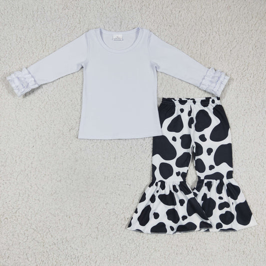 Girls white top cow print bell bottom pants outfits    GLP0408