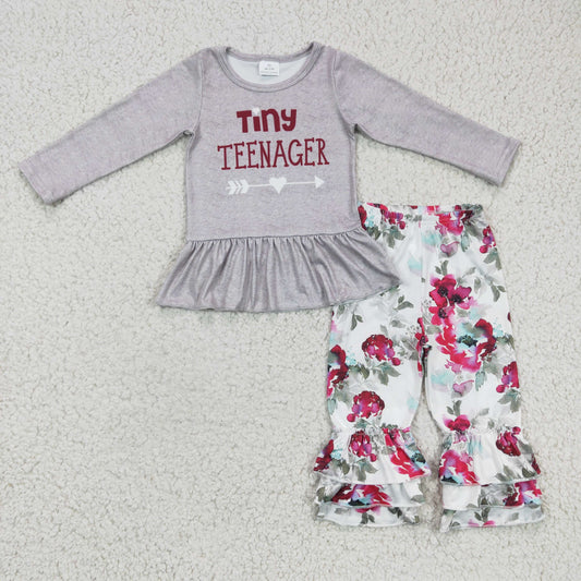 (Promotion) 6 B12-17 Girls Tiny teenager grey top triple ruffle pants outfits