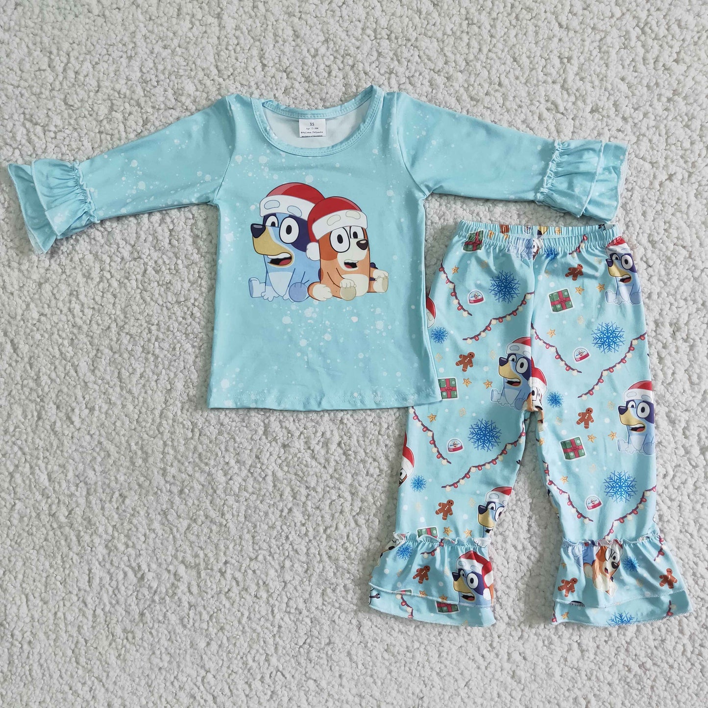 Girls ruffles pants blue cartoon dog Christmas outfits   6 B6-14