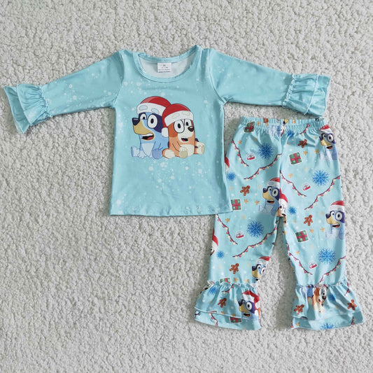 (Promotion)Girls ruffles pants blue cartoon dog Christmas outfits   6 B6-14