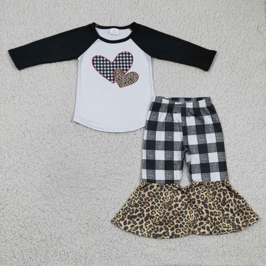 (Promotion)6 B7-23 Girls heart print long sleeve plaid bell bottom pants Valentines outfits