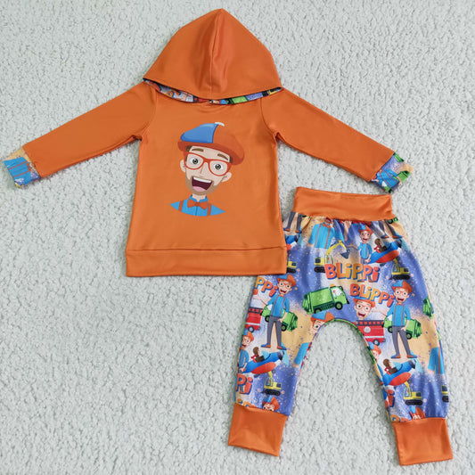 Boy's orange cartoon print hooded outfits   6 B8-19