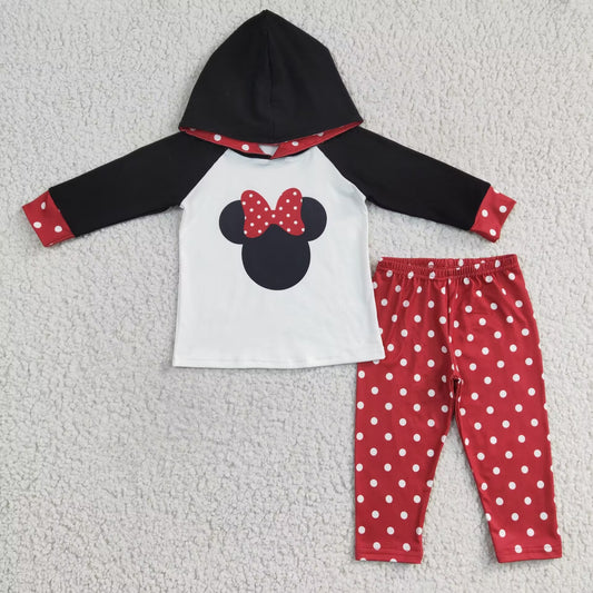 Polka dots cute mouse print black hoodie set 6 B9-5