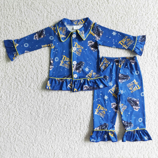 6 C6-37 Blue Train Print Girls Buttons Christmas Pajamas Clothes Set