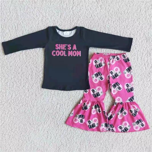 (Promotion)6 B1-32 SHE'S A COOL MOM Print Top Bell Pants Outfits