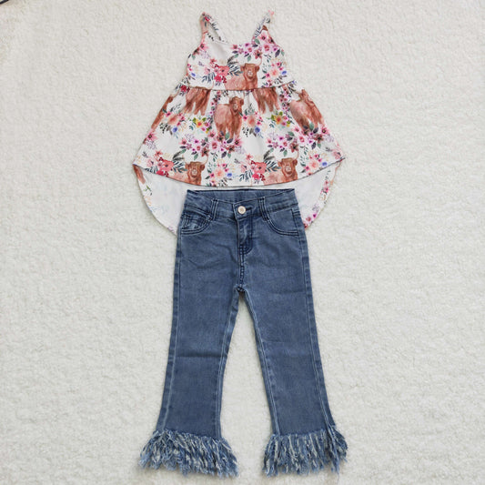 Girls highland cow floral high low spaghetti strap top blue tassels danim legging jeans outfits GSPO0560