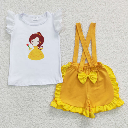 Girls yellow princess suspender shorts summer clothes sets A10-15