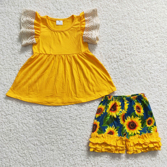 (Promotion) Girls yellow flutter sleeve cotton top sunflower shorts summer outfits  A10-24