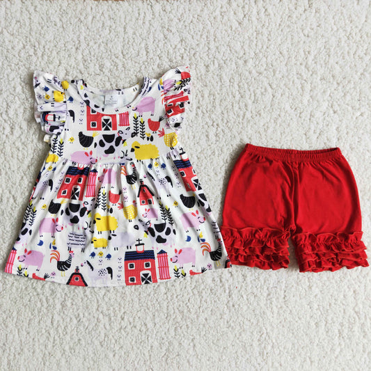 (Promotion)Girls summer farm print red shorts outfits  A12-16