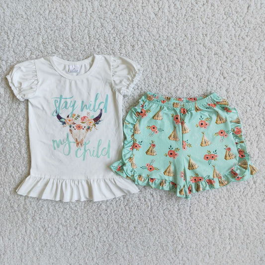 (Promotion) Stay wild my child short sleeve ruffles shorts summer outfits A12-24