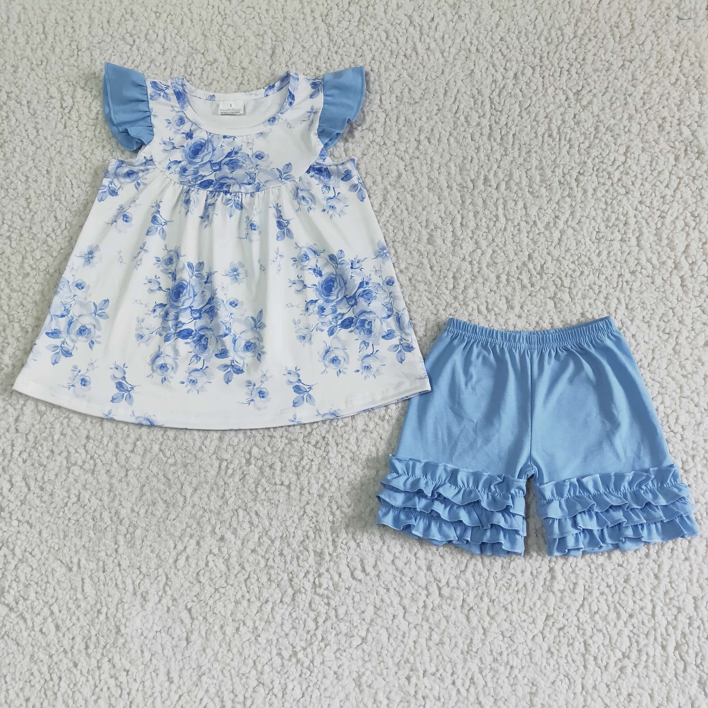 Girls blue floral print summer outfits  A14-9