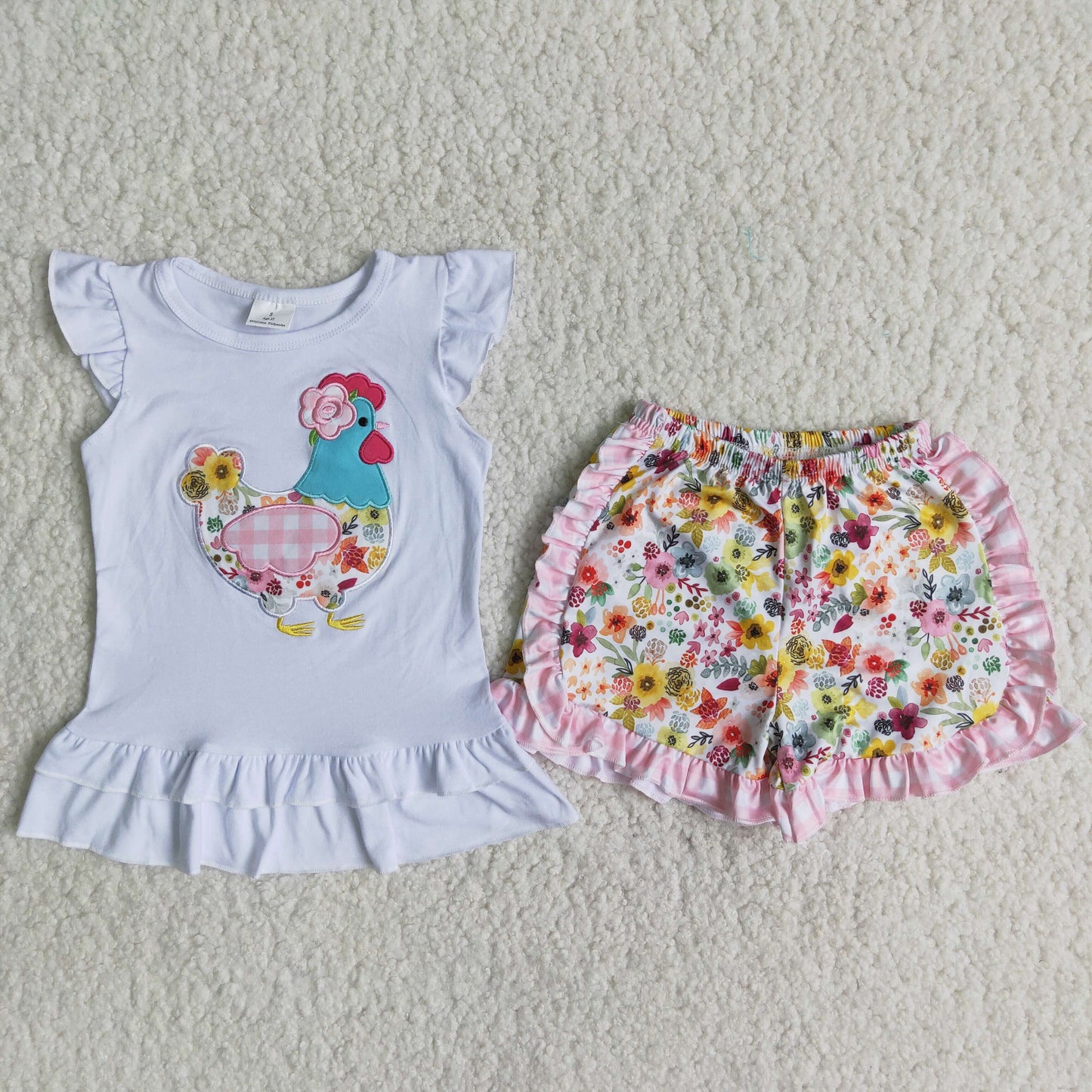 (Promotion)Girl s chicken embroidery flowers shorts summer clothing set  A16-10