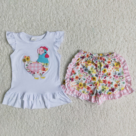 (Promotion)Girl s chicken embroidery flowers shorts summer clothing set  A16-10