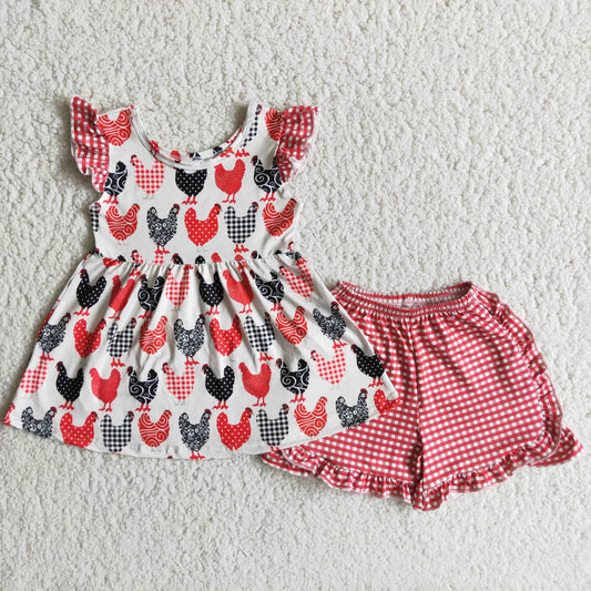 (Promotion)Girls chicken print summer outfits A3-22