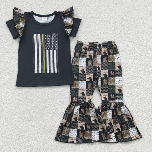 Girls Black Flag Top Bell Bottom Pants Clothes Sets  A9-15