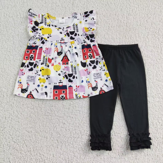 (Promotion)Farm Animals Tunic Top Black Pants Girls Outfit  A9-8