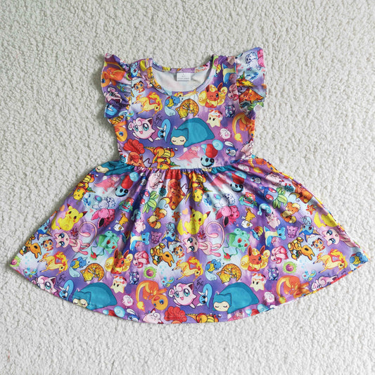 (Promotion) Flutter sleeves knee length cartoon girls print dress   B10-10