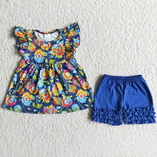 (Promotion)Girls sunflowers top blue shorts summer outfits B13-13