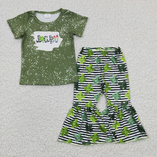 Green LUCKY print bell bottom pants St. Patrick Days' outfits   B14-4