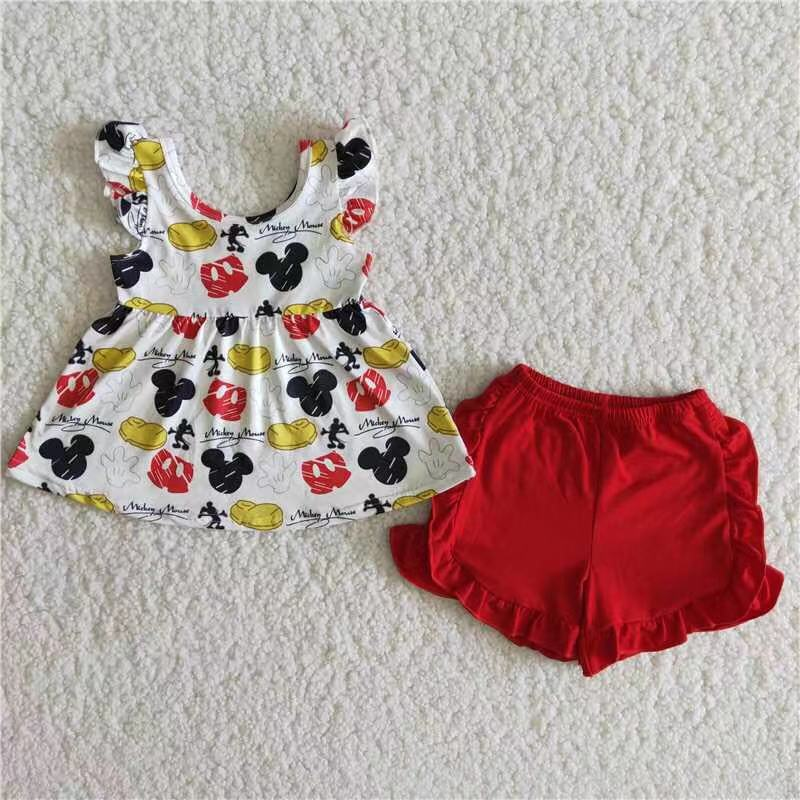 (Promotion)Girls flutter sleeve cartoon mouse red shorts summer clothing set  B15-16