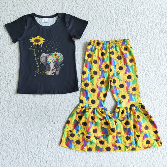 (Promotion)Short sleeve Elephant sunflower print bell bottom pants outfits   B16-10