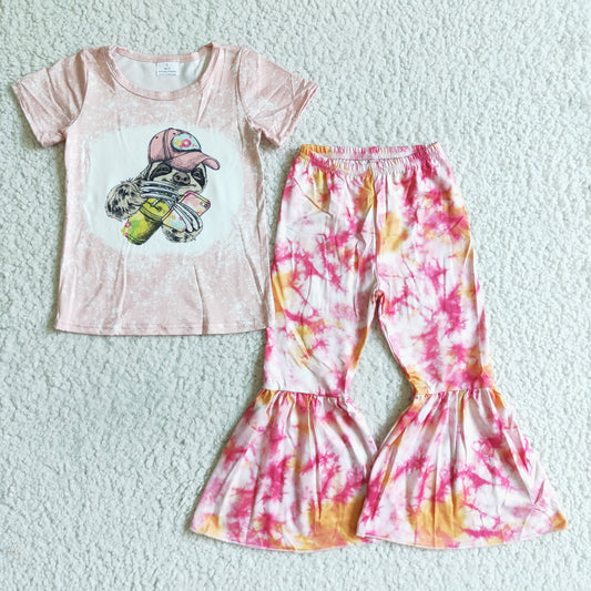 (Promotion)Short sleeve tie-dye print bell bottom pants outfits   B16-24