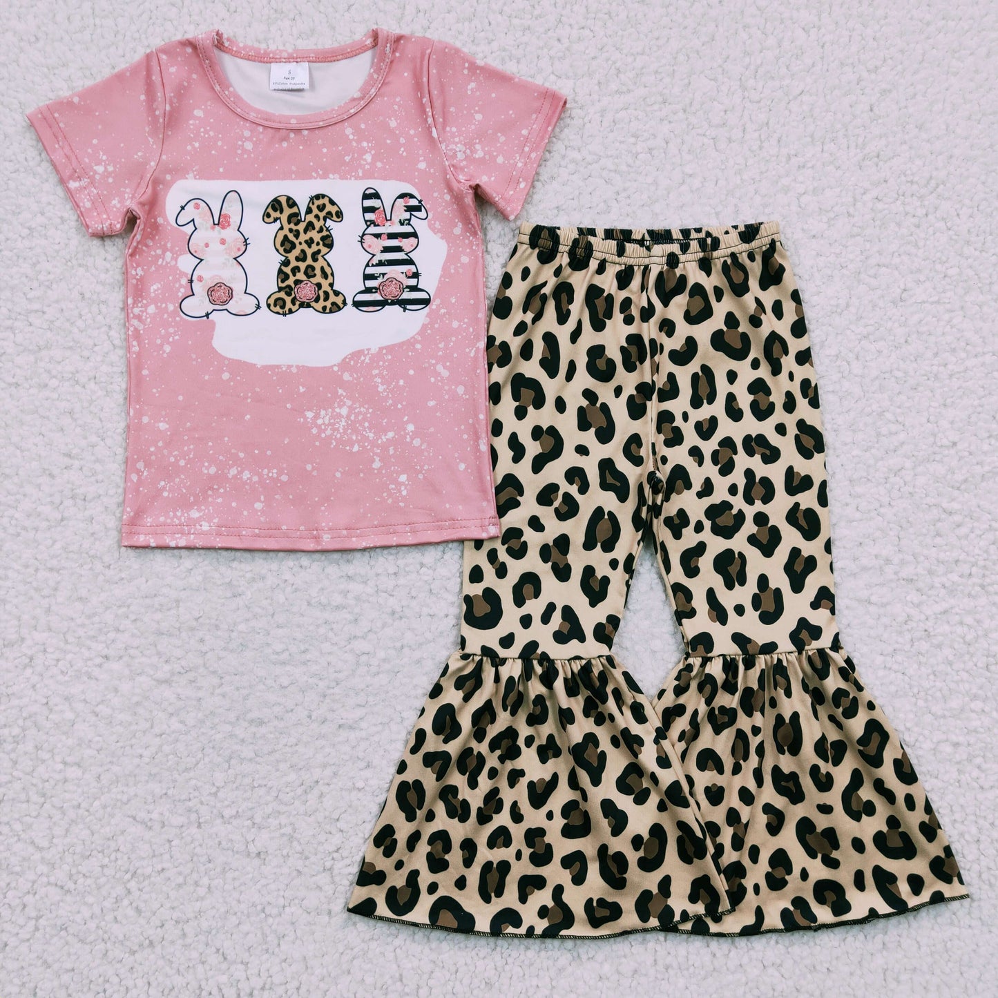 Girls short sleeve pink 3 bunny top leopard bell bottom pants bunny outfits B17-12