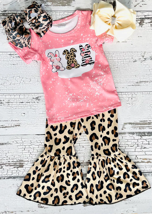 Girls short sleeve pink 3 bunny top leopard bell bottom pants bunny outfits B17-12