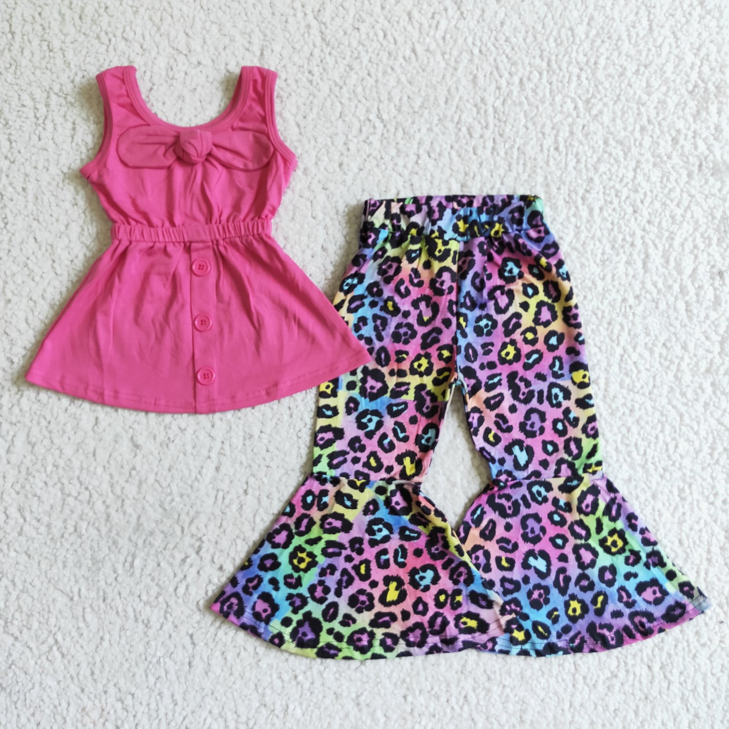 (Promotion)Sleeveless hot pink top leopard print bell bottom pants ourfits   	 B17-21