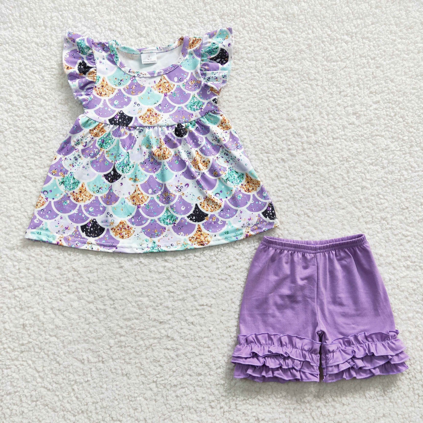 (Promotion)Girls purple flutter sleeve scale print top shorts summer outfits  B17-9