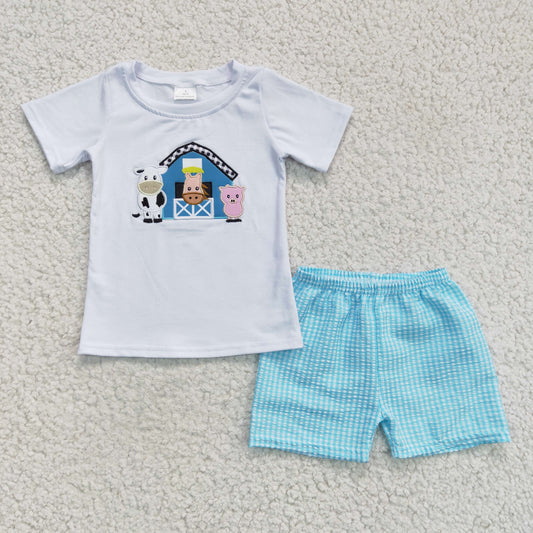 (Promotion)Boys summer farm print embroideried outfits  B18-12