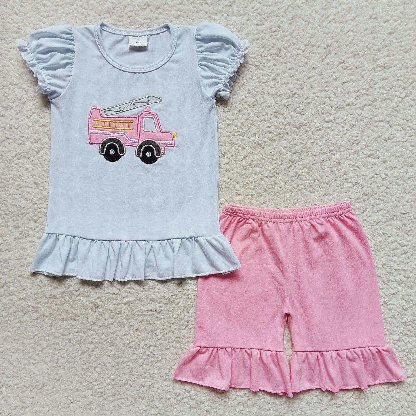 (Promotion)Girls fire truck embroideried summer outfits B3-4