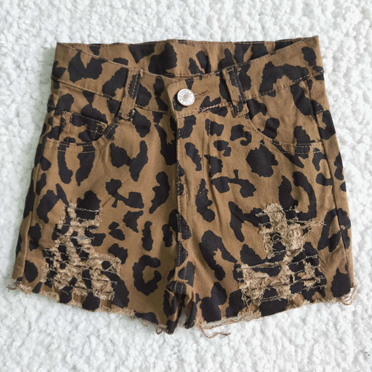 Denim leopard print summer shorts    B4-16
