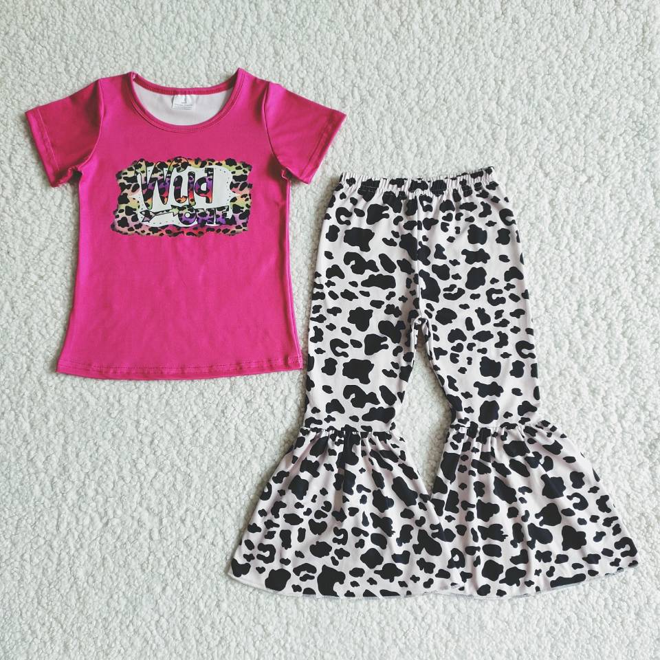 (Promotion) Girls wild hot pink top bell bottom pants outfits   B7-30